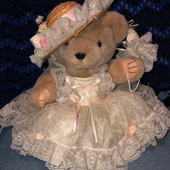 Vintage Handmade 12” Victorian Bear in Lace with Hat and Umbrella - Picture 1 of 6